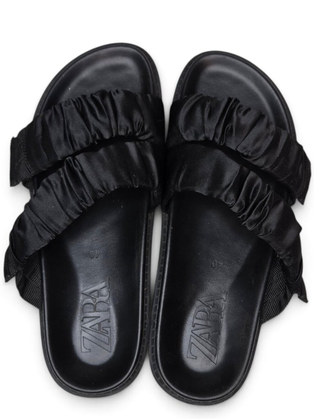 Zara Black Ruched Strap Slide Sandals Womens Flat Bottom Everyday Casual 9